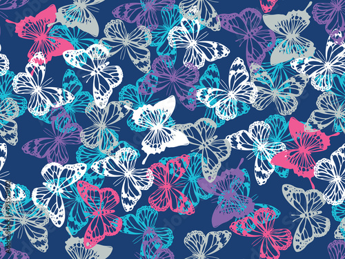 Pretty, girly camouflage pattern made up of tropical colored butterflies against a cool blue background. Seamless vector patterns are great for backgrounds and surface design.