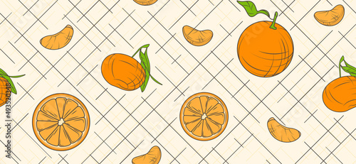 VSeamless pattern with illustration of orange and tangerine in sketch and cartoon style. Vector pattern for decoration of kitchen tools, design of apron, cutting board, tablecloth, wrapping paper.
