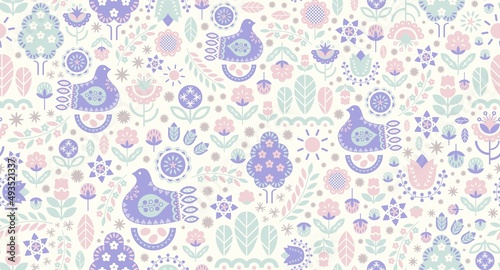 Spring stylized flowers, trees, plants, floral elements, geo minimalistic shapes. Featuring a cute bird on a nest with eggs. Inspired by the aesthetic of the Scandinavian countries and the Nordic art.