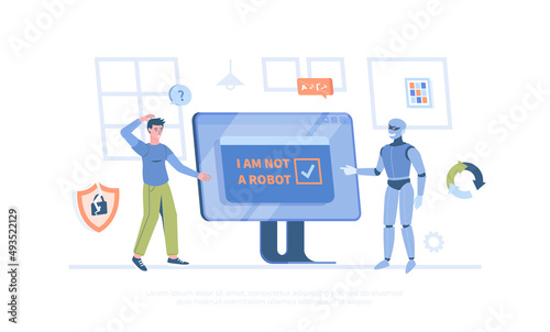 Bypass Captcha, Anti Captcha, Solving service, AI. Robot clicking on captcha - I am not a robot. Cartoon modern flat vector illustration for banner, website design, landing page.