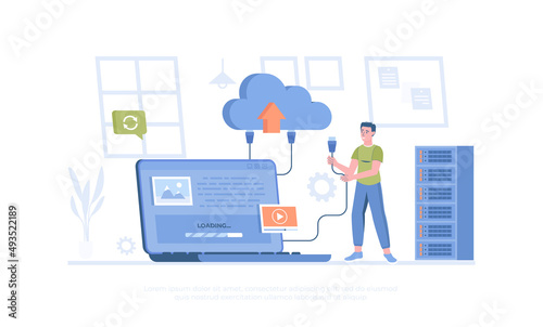 Cloud storage, Internet hosting provider. Man uploads data to cloud service, sync or makes backup. Cartoon modern flat vector illustration for banner, website design, landing page.
