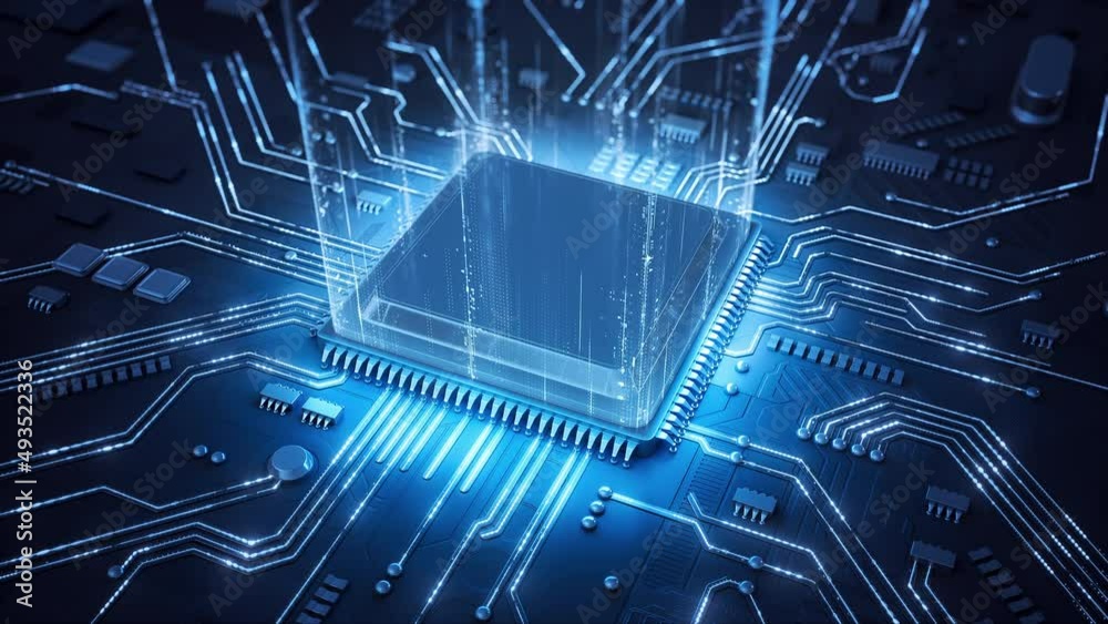 Central Computer Processors CPU concept. Motherboard digital chip. Technological and scientific blue background. Integrated communication processor. 3D animation