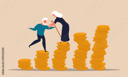 Retire money plan for age senior and financial income pension. Older people support for wealth vector illustration concept. Old woman and man with business tax. Superannuation and increase balance