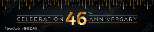 46th anniversary. Forty-six years birthday celebration horizontal banner with bright golden color.