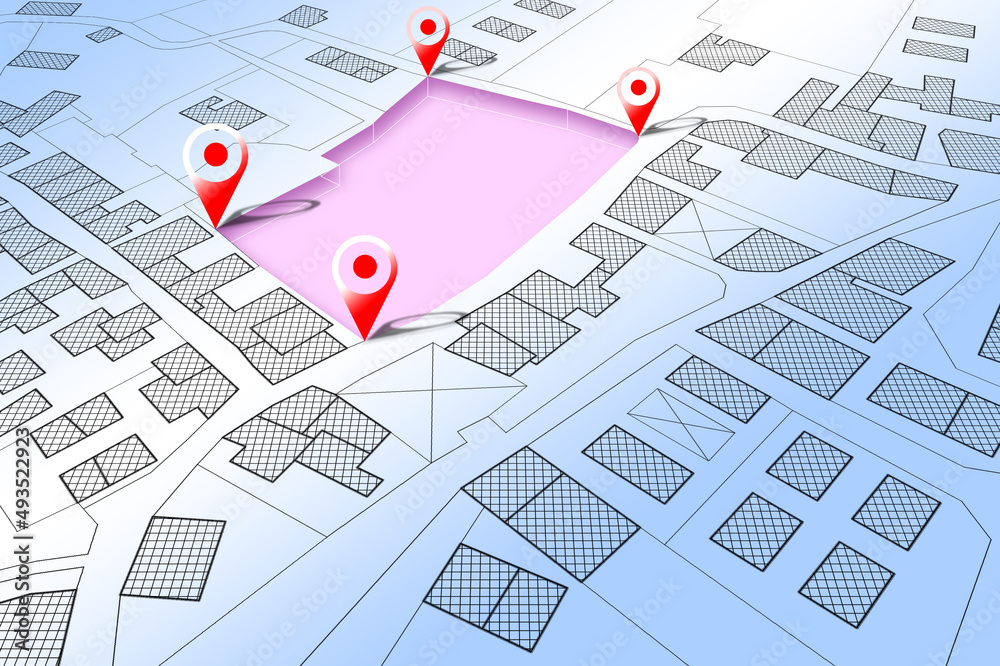 Fototapeta premium Land management concept with an imaginary cadastral map of territory with a vacant land available for sale or building construction