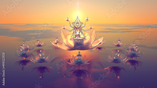 3d illustration of 4 demiurges in the hands of God surrounded by demigods meditating sitting in a lotus photo