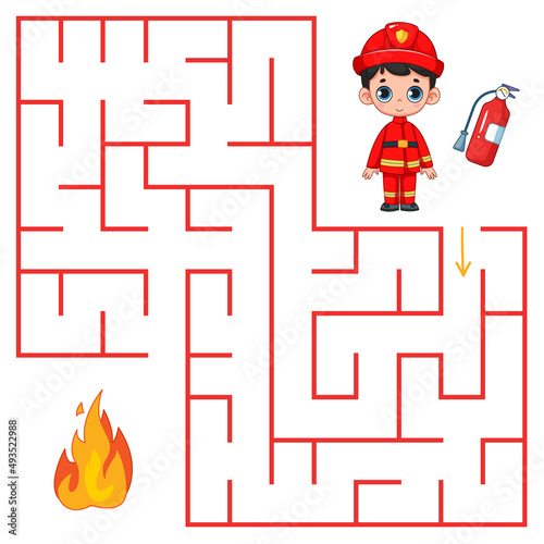 A cute boy fireman and fire extinguisher is going to put out the fire and is looking for a way out of the maze. Find a way out of the maze. Educational game for children. Cartoon vector illustration