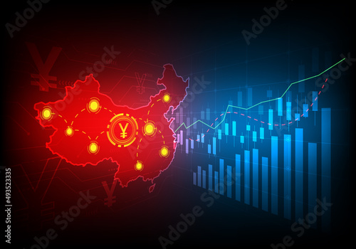 yuan money digital on china map on dark background. currency bitcoin technology electronic future. foreign investment finance. vector illustration fantastic digial design.
