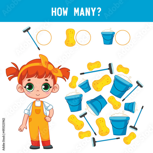 How many buckets, mops, washing brushes lie next to the little cleaning girl Counting educational kids game, kids math activity sheet. Cartoon color vector illustration.