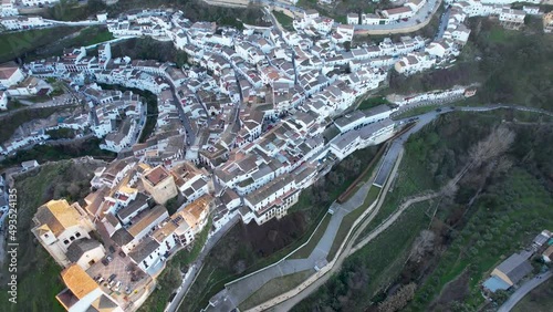 Setenil de las Bodegas drone aerial view of white towns, Cadiz, Andalucia.