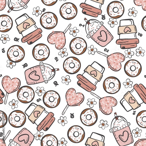 cute coffee cup  donut and candy pattern design