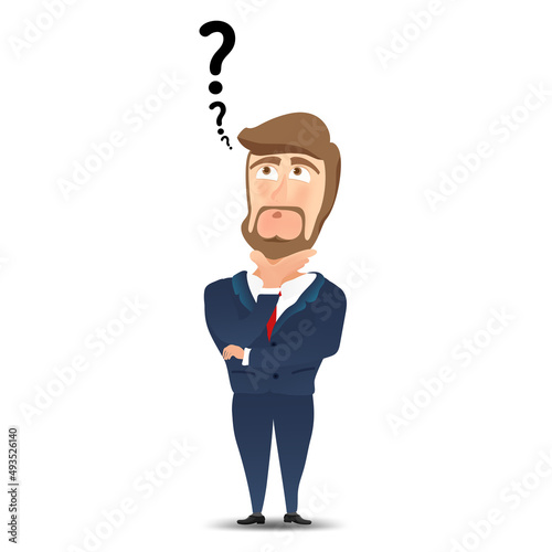 Beard businessman character thinking. Thinking man surrounded by question mark. Business concept. vector illustration.