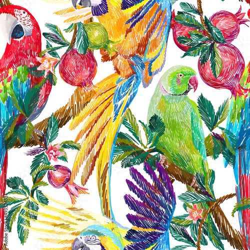 Tropical background. Exotic birds and fruits on the branches. Pomegranate tree and parrots. Colorful animals seamless pattern. Embroidery texture. Fashion design for textile, fabric and wallpaper.