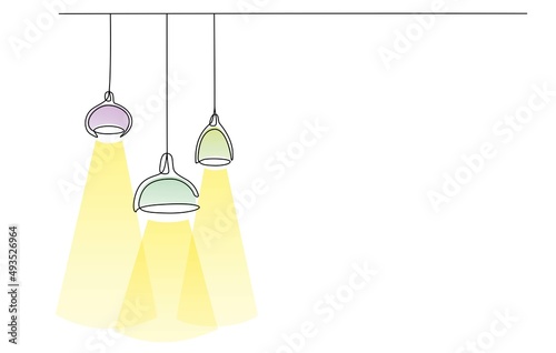 Continuous line lamps and bulbs with color shapes. One line drawing of light lampshades. Single line drawing of light bulb vector illustration. Minimalist design background