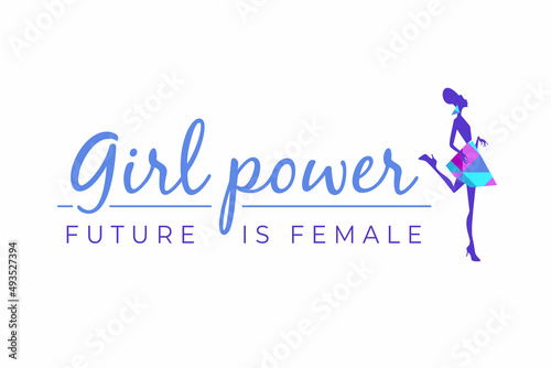 Woman's day card of colorful girl silhouette Girl Power-Future is Female, logotype with pretty girl on white background. Vector illustration for banner, logo, kids fashion, decor.