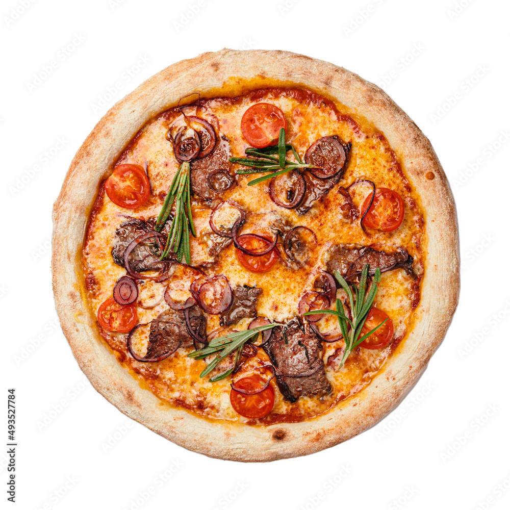 Pizza Grill with veal fillet, blue onion with cherry tomatoes, mozzarella cheese paired with gouda cheese. Isolated on white background Pizza Grill with veal fillet, blue onion with cherry tomatoes, mozzarella cheese paired with gouda cheese. Isolated on white background