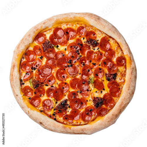 Pizza with Chorizo sausage, sweet pepper, sun-dried tomatoes, dried chilli, gouda cheese and mozzarella cheese with pilati sauce, thin crust and lush board Isolated on white background