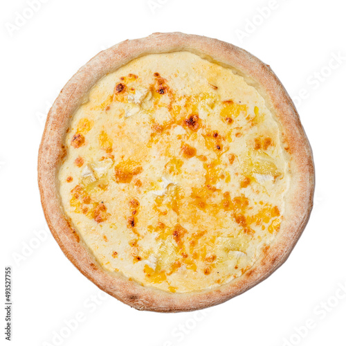 Pizza Four Cheese with Mozzarella, gouda, camembert, cheddar and creamy sauce. Isolated on white background