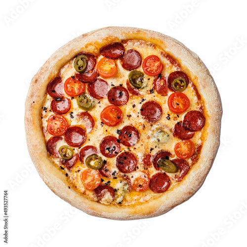 Pizza with smoked sausage, cherry tomatoes, dried chilli, jalapeno peppers and mozzarella. isolated on white background