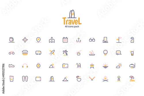 40 icons with a travel theme. Use cute line styles and colors