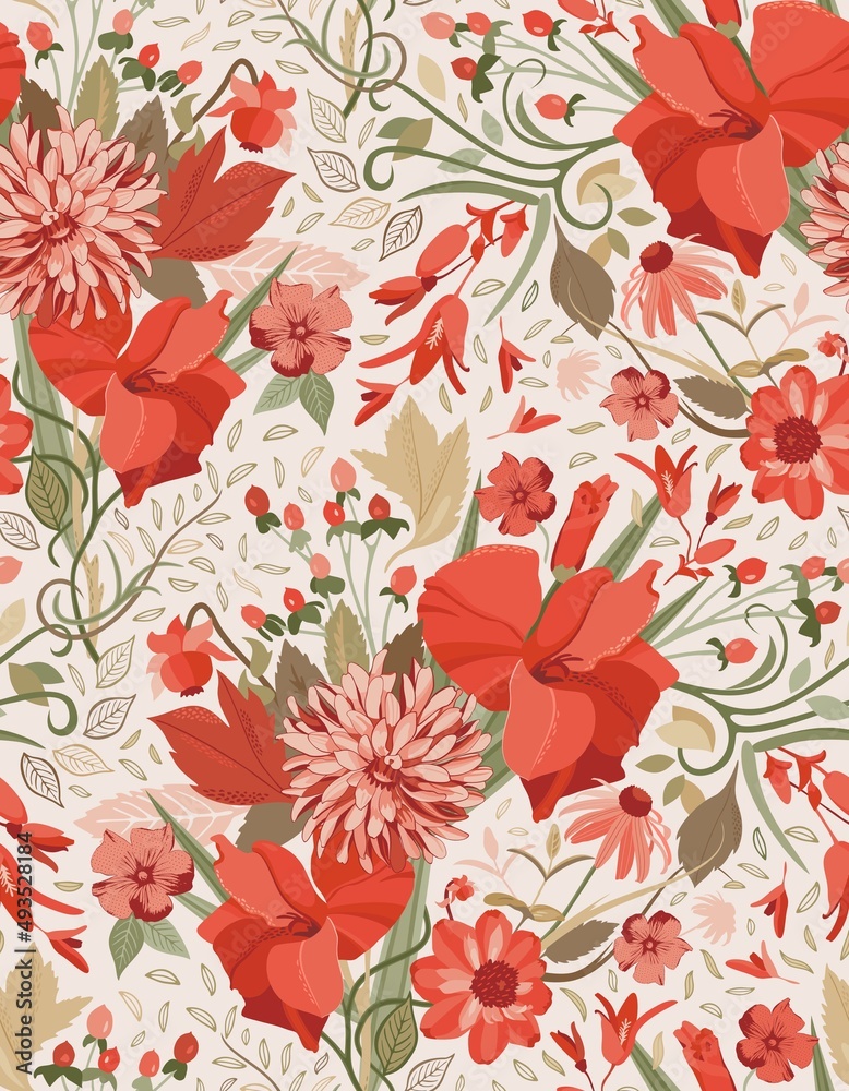 Late summer, August bouquet of gladioluses, dahlias, mixed traditional flowers, leaves and berries in creme, green, tan, terracotta, and khaki shades. For various paper print and digital realm designs