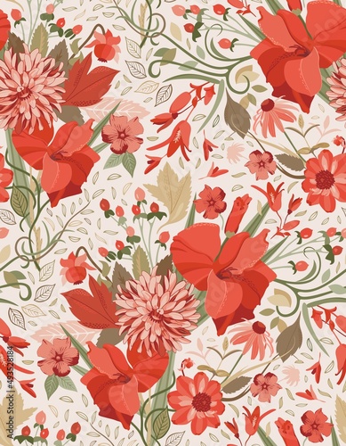 Late summer, August bouquet of gladioluses, dahlias, mixed traditional flowers, leaves and berries in creme, green, tan, terracotta, and khaki shades. For various paper print and digital realm designs