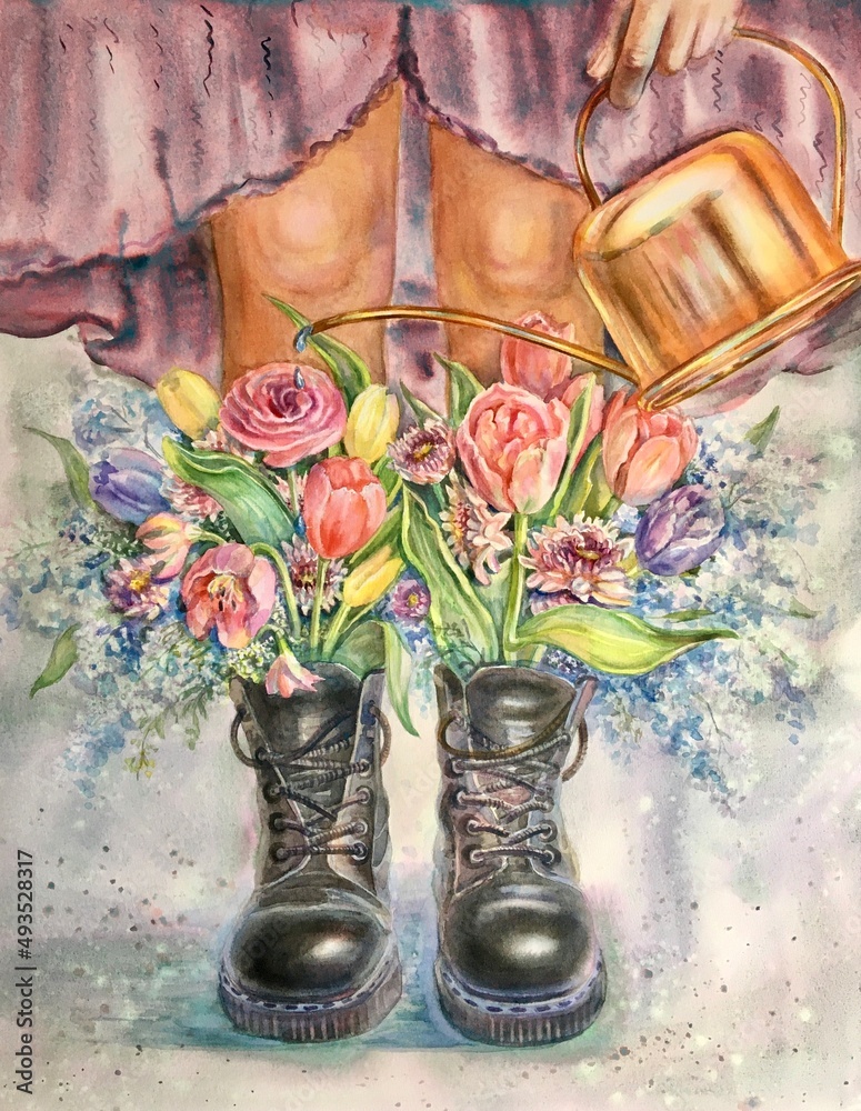 Flowers in boots. Watercolor bouquet. Stock Illustration Adobe Stock