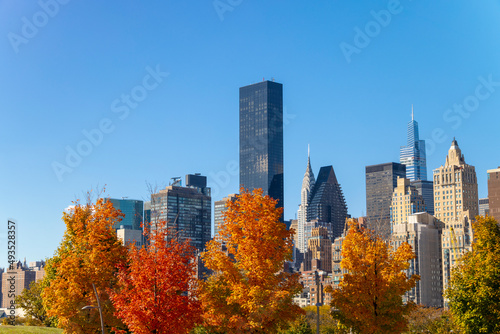 Autumn leaf color trees glow at City View Point in Southpoint Park Roosevelt Island on November 2021 in New York City. Midtown Manhattan skyscraper stands beyond the East Rive. photo
