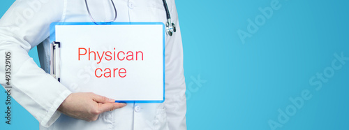 Physican care. Doctor with stethoscope holds blue clipboard. Text is written on document. photo