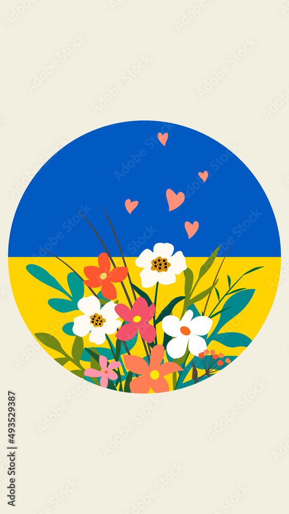 Round background in yellow and blue colors of the Ukrainian flag with a bouquet of wildflowers and hearts. Vector design for bright moments in support of Ukraine Round background in yellow and blue colors of the Ukrainian flag with a bouquet of wildflowers and hearts. Vector design for bright moments in support of Ukraine