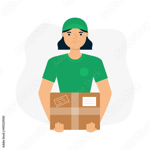 Vector flat style illustration - delivery woman holding a box, isolated on white background