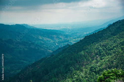 Fototapeta Naklejka Na Ścianę i Meble -  Mountains hill during rain panorama look. Pick view on tropical forest land