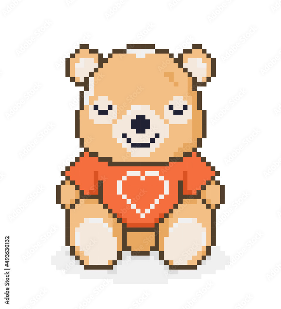 Vector pixel art illustration, kind smiling and blushing sitting stuffed brown toy bear isolated on white background. Teddy bear icon. Cute card or print.