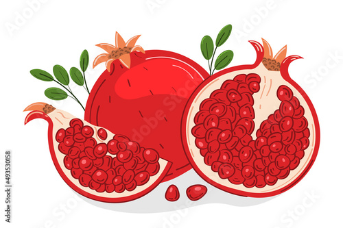 Juicy ripe pomegranate fruit whole, half and seeds with green leaves. Design element for cosmetics, spa, pomegranate juice, healthcare products, perfumes, for product packaging, menu design or print.