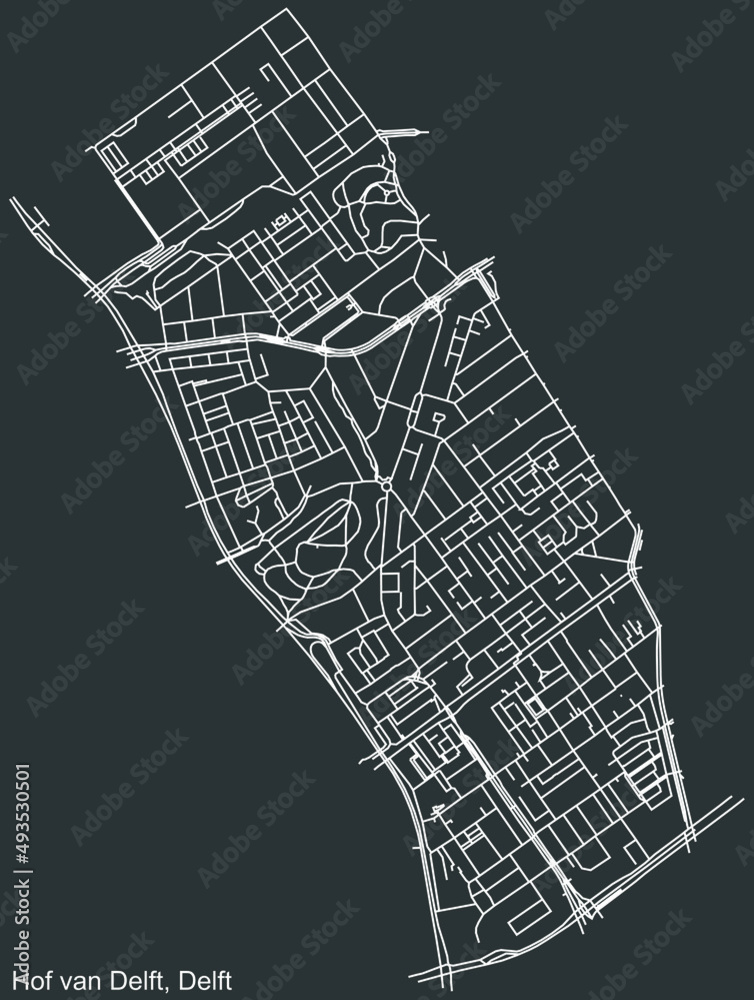 Detailed negative navigation white lines urban street roads map of the HOF VAN DELFT DISTRICT of the Dutch regional capital city Delft, Netherlands on dark gray background