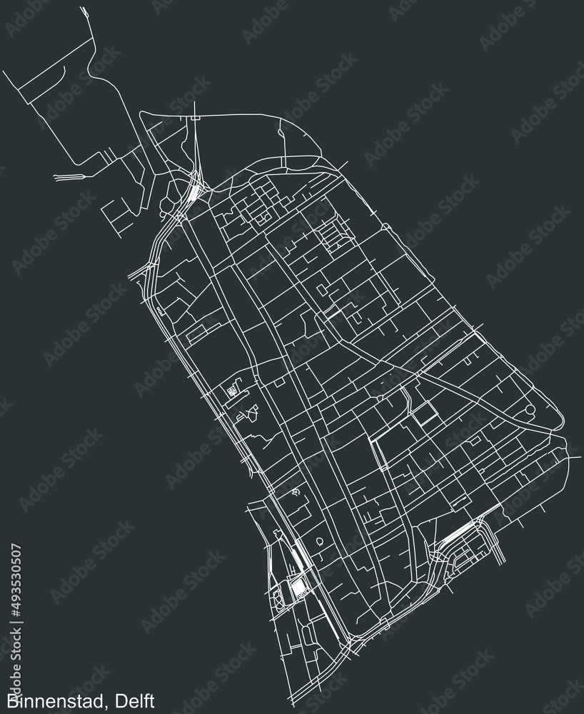 Detailed negative navigation white lines urban street roads map of the BINNENSTAD DISTRICT of the Dutch regional capital city Delft, Netherlands on dark gray background
