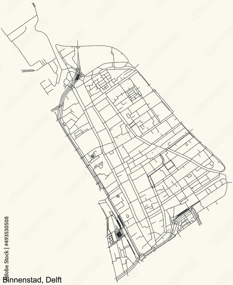 Detailed navigation black lines urban street roads map of the BINNENSTAD DISTRICT of the Dutch regional capital city Delft, Netherlands on vintage beige background