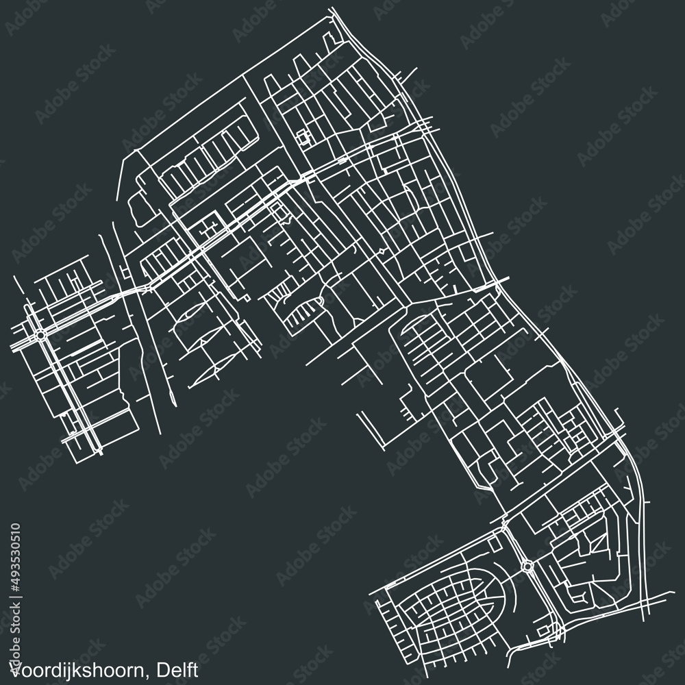 Detailed negative navigation white lines urban street roads map of the VOORDIJKSHOORN DISTRICT of the Dutch regional capital city Delft, Netherlands on dark gray background