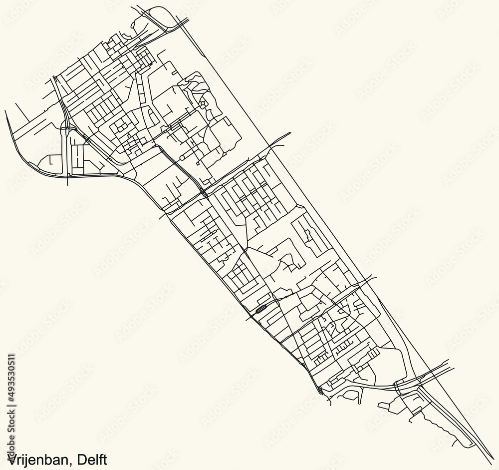 Detailed navigation black lines urban street roads map of the VRIJENBAN DISTRICT of the Dutch regional capital city Delft, Netherlands on vintage beige background
