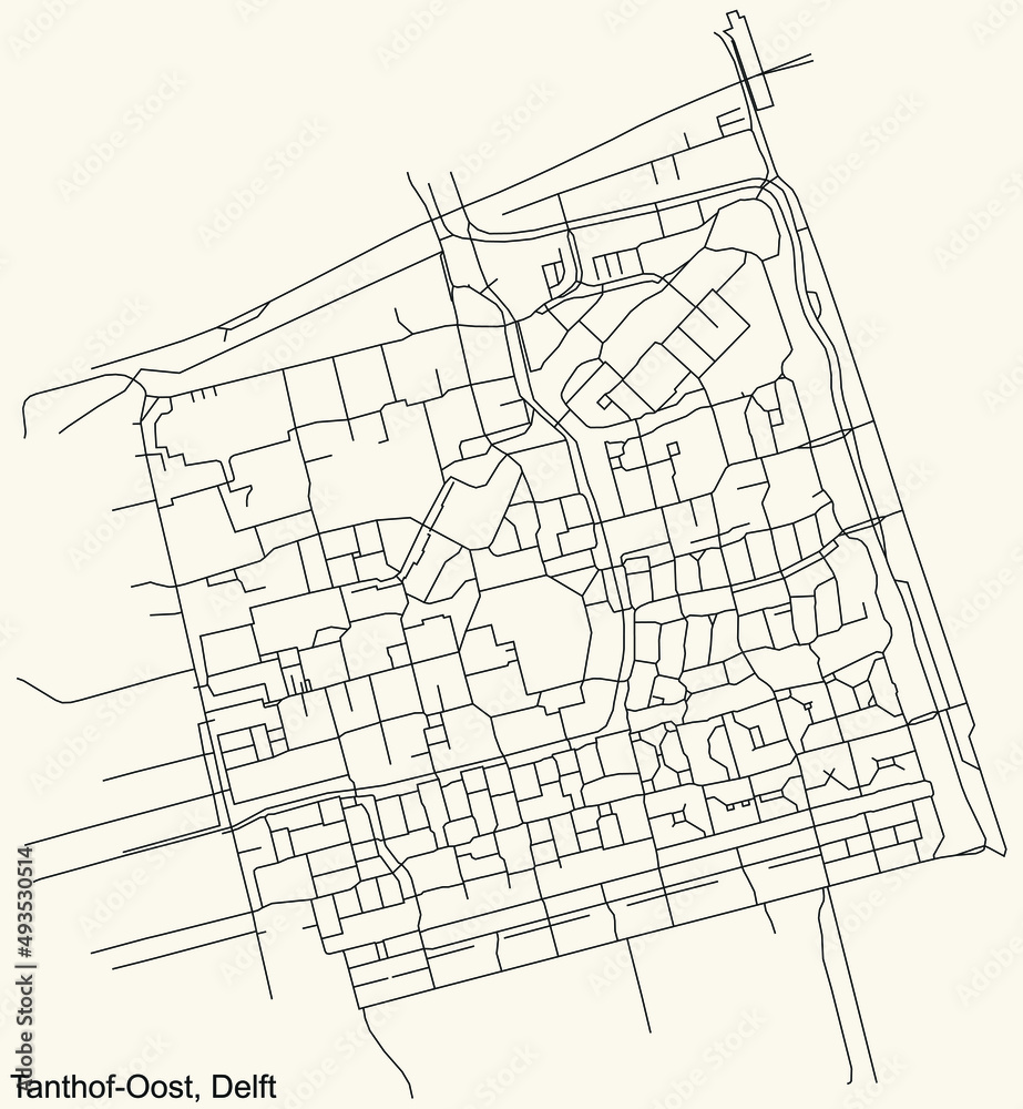 Detailed navigation black lines urban street roads map of the TANTHOF-OOST DISTRICT of the Dutch regional capital city Delft, Netherlands on vintage beige background