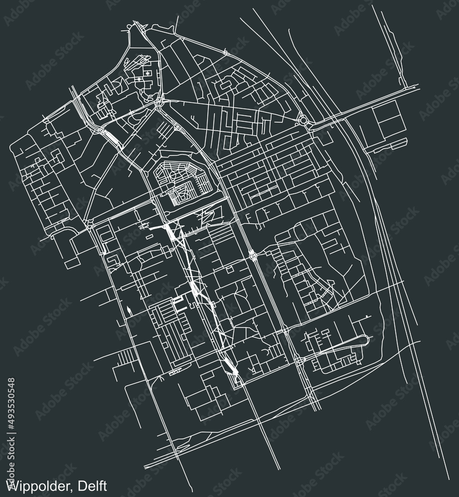 Detailed negative navigation white lines urban street roads map of the WIPPOLDER DISTRICT of the Dutch regional capital city Delft, Netherlands on dark gray background