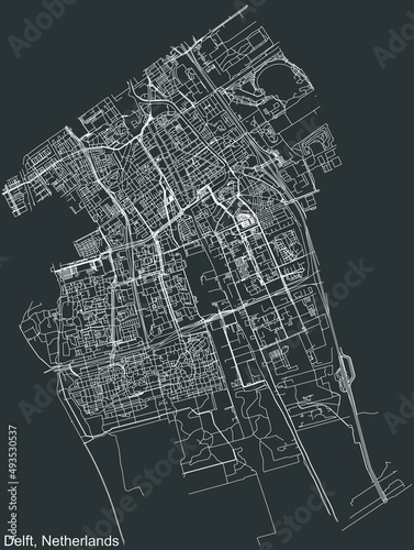 Detailed negative navigation white lines urban street roads map of the Dutch regional capital city of DELFT, NETHERLANDS on dark gray background