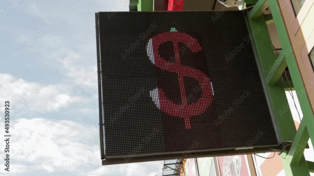 Electronic scoreboard with the exchange rate on the street. Exchange rate near the exchange office. Table of rates usd, eur, pln, gbr, rub. Text currency exchange in Ukrainian and English.