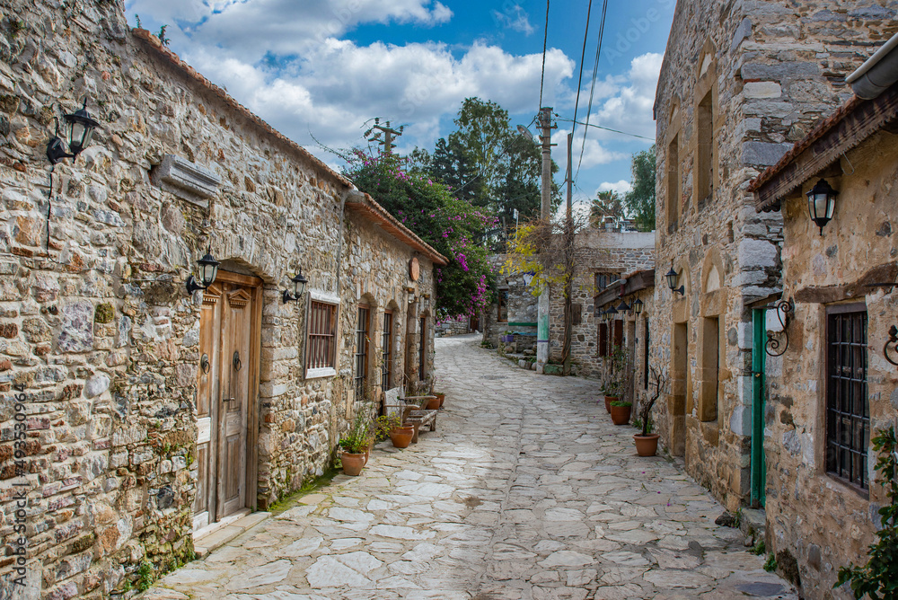 Colorful street with flowers in Old Datca, Mugla province, Turkey