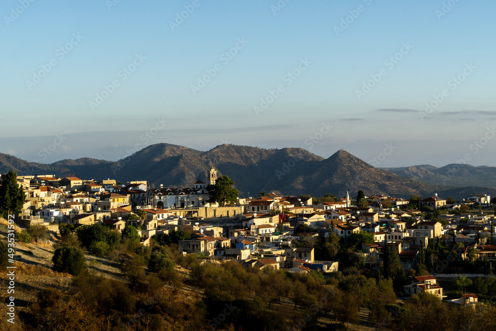 panorama of the village of Pano Lefkara in the morning sun