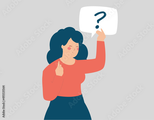 Thoughtful businesswoman thinks about something and holds a sign with a question mark. Confused entrepreneur girl doubts and has a question about something. Women's empowerment, asking concept. 