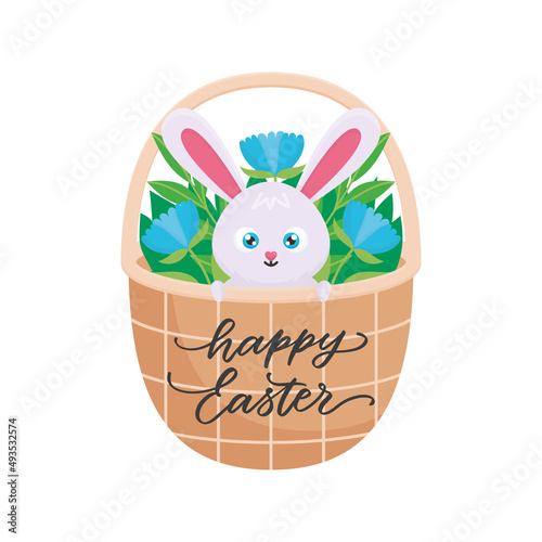 Vector greeting card - Happy Easter. Easter bunny inside a basket  of  flowers. Flat style holiday illustration