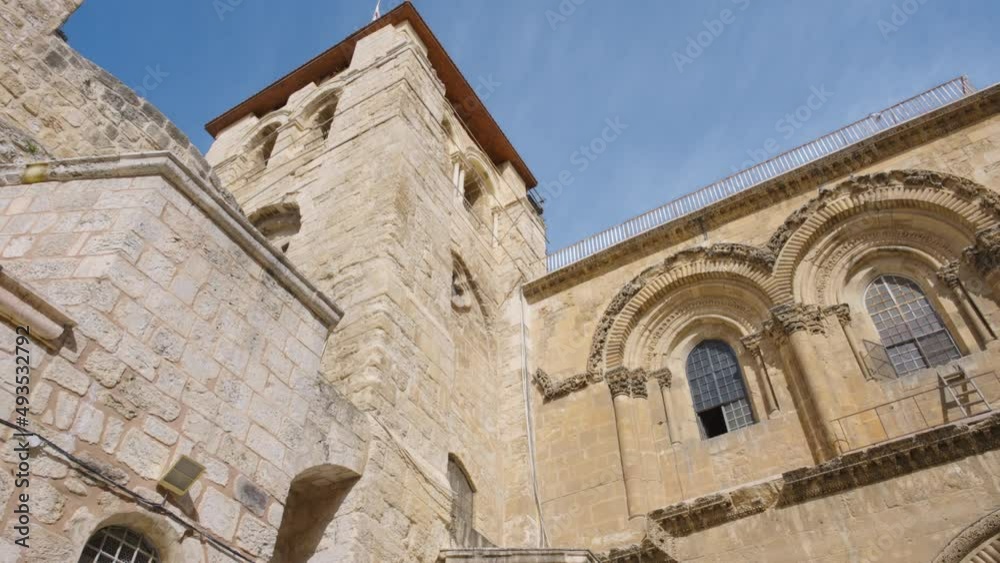 Church of the Holy Sepulchre in Old Jerusalem - the most sacred church for Christians. Slow motion, dolly shot. Church of the Holy Sepulchre in Old Jerusalem - the most sacred church for Christians. Slow motion, dolly shot.