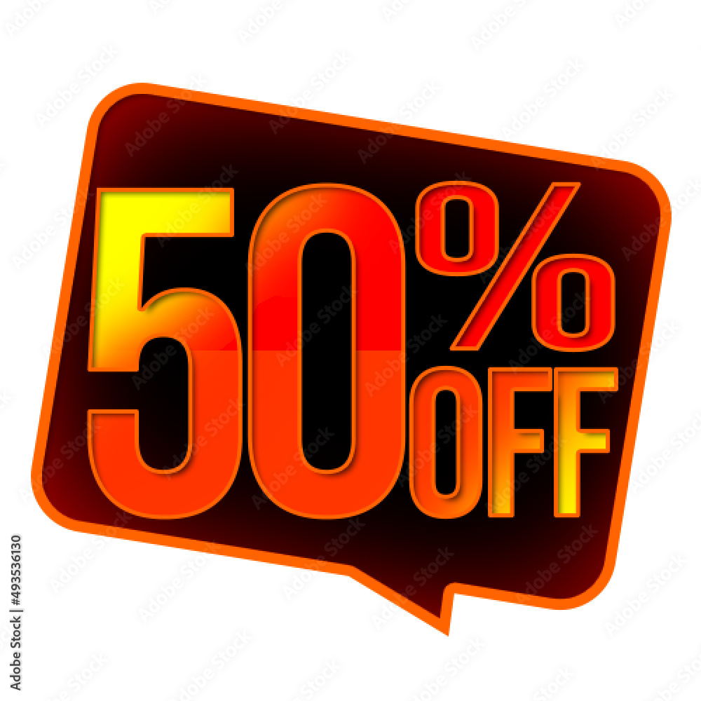50% off. Discount for big sales. Text in shades of red. Dark balloon with orange border and white background 50% off. Discount for big sales. Text in shades of red. Dark balloon with orange border and white background