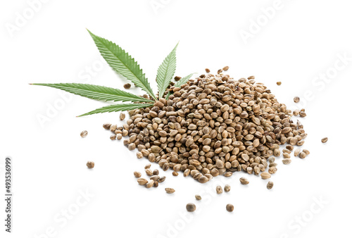 Heap of hemp seeds on white background © Pixel-Shot